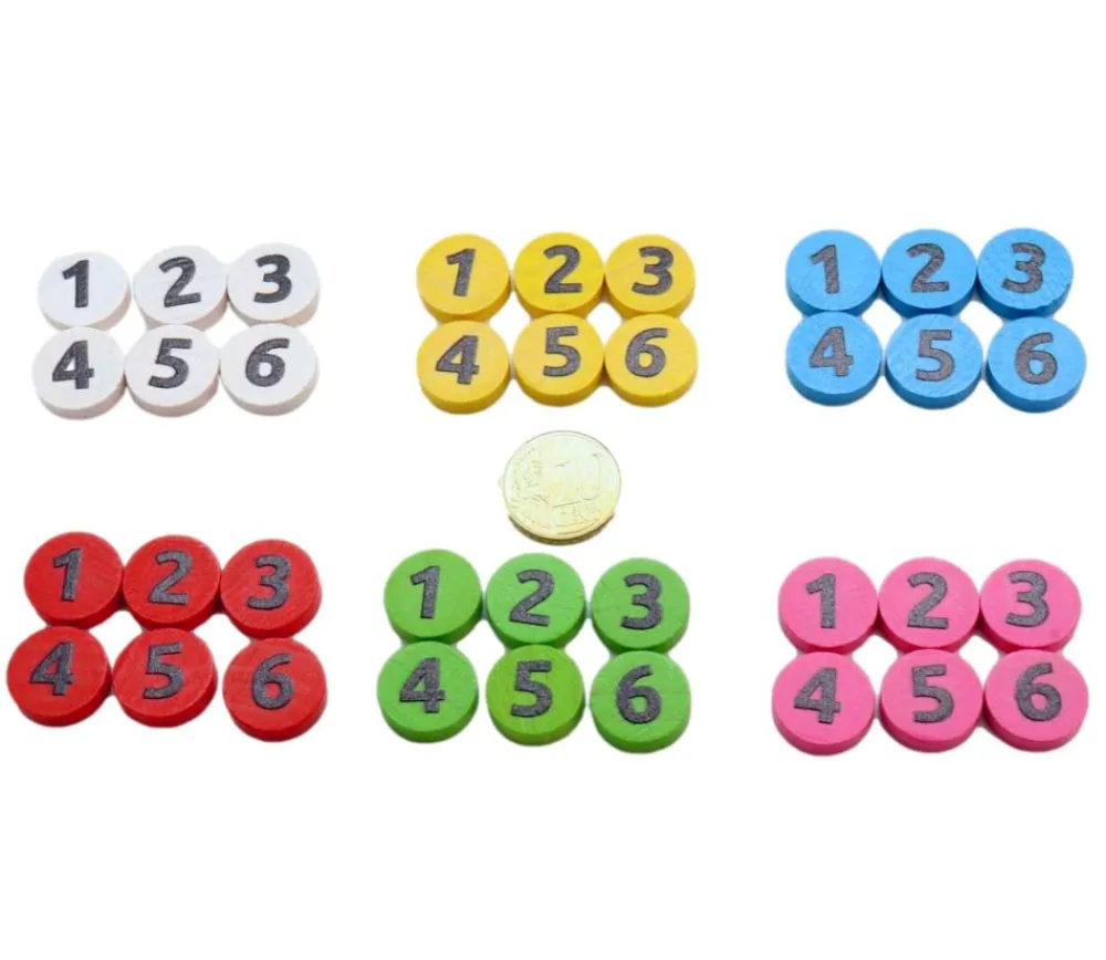 Tout Pour le Jeu 36 jetons numérotés 1 à 6 x 6 couleurs en bois