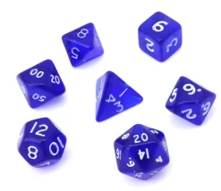 Tout Pour le Jeu 7 MINI dés multifaces translucides bleu foncé chiffres blancs