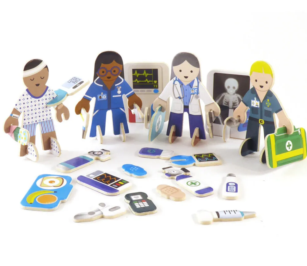 Tout Pour le Jeu 4 personnages en bois : docteurs et infirmiers. Thème médical à construire.