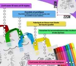 Enfant Tout Pour le Jeu 10 Sacs à colorier + 10 feutres