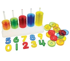 Tout Pour le Jeu Abaque de tri 30 cm- Socle 5 tiges + 50 anneaux translucides colorés 5 cm + 10 chiffres