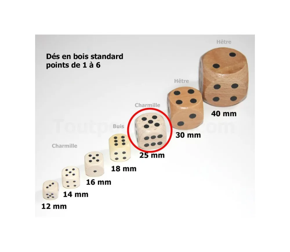 Tout Pour le Jeu Dé en bois 25 mm de 1 à 6 pour jeu de société