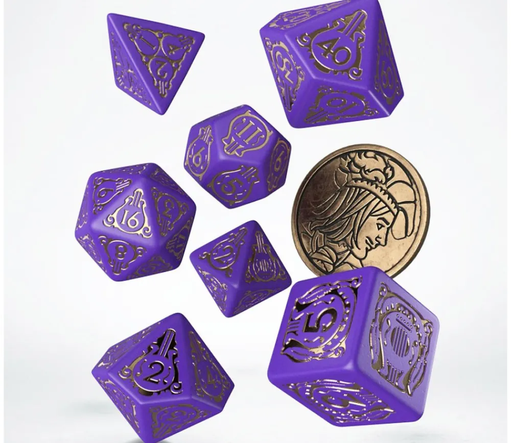 Tout Pour le Jeu Lot 8 pièces The Witcher Dandelion : 7 dés violet doré + 1 pièce métal