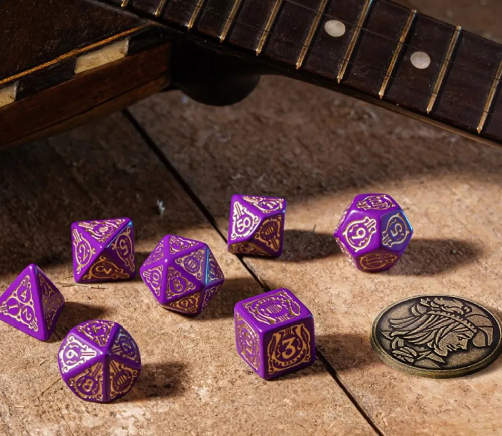Tout Pour le Jeu Lot 8 pièces The Witcher Dandelion : 7 dés violet doré + 1 pièce métal
