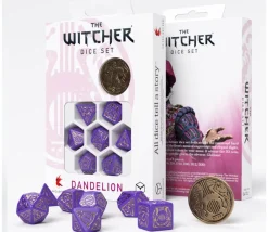 Tout Pour le Jeu Lot 8 pièces The Witcher Dandelion : 7 dés violet doré + 1 pièce métal
