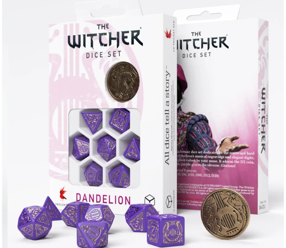 Tout Pour le Jeu Lot 8 pièces The Witcher Dandelion : 7 dés violet doré + 1 pièce métal
