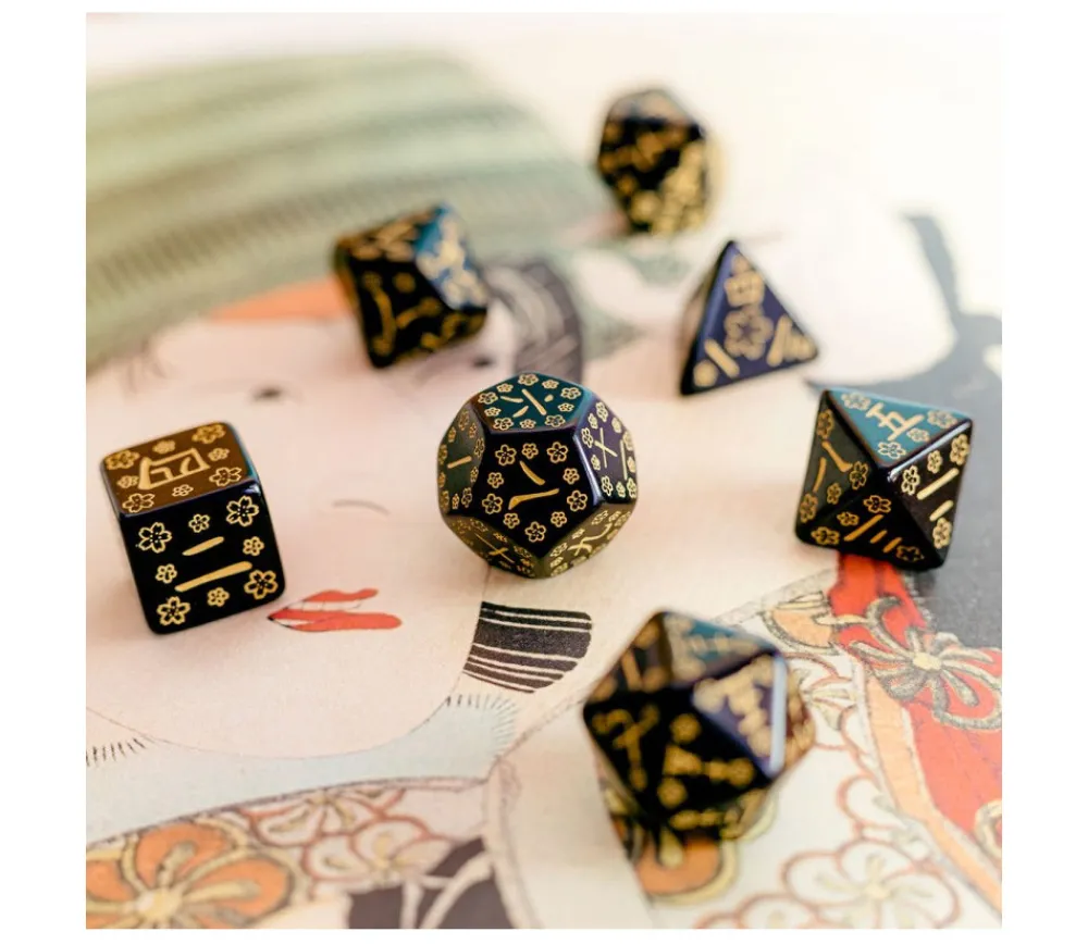 Tout Pour le Jeu Lot de 7 dés japonais multifaces Deep Night Firely noir et or
