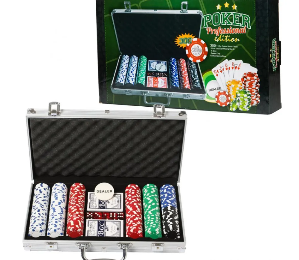 Tout Pour le Jeu Mallette de Poker avec 300 jetons , 2 jeux de Cartes, 5 dés