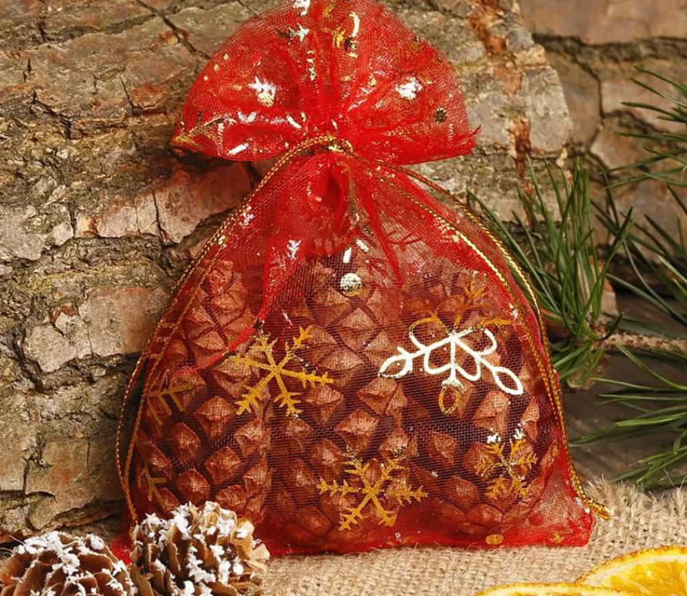 Tout Pour le Jeu Sac organzine rouge et or 9 x 12 cm flocon