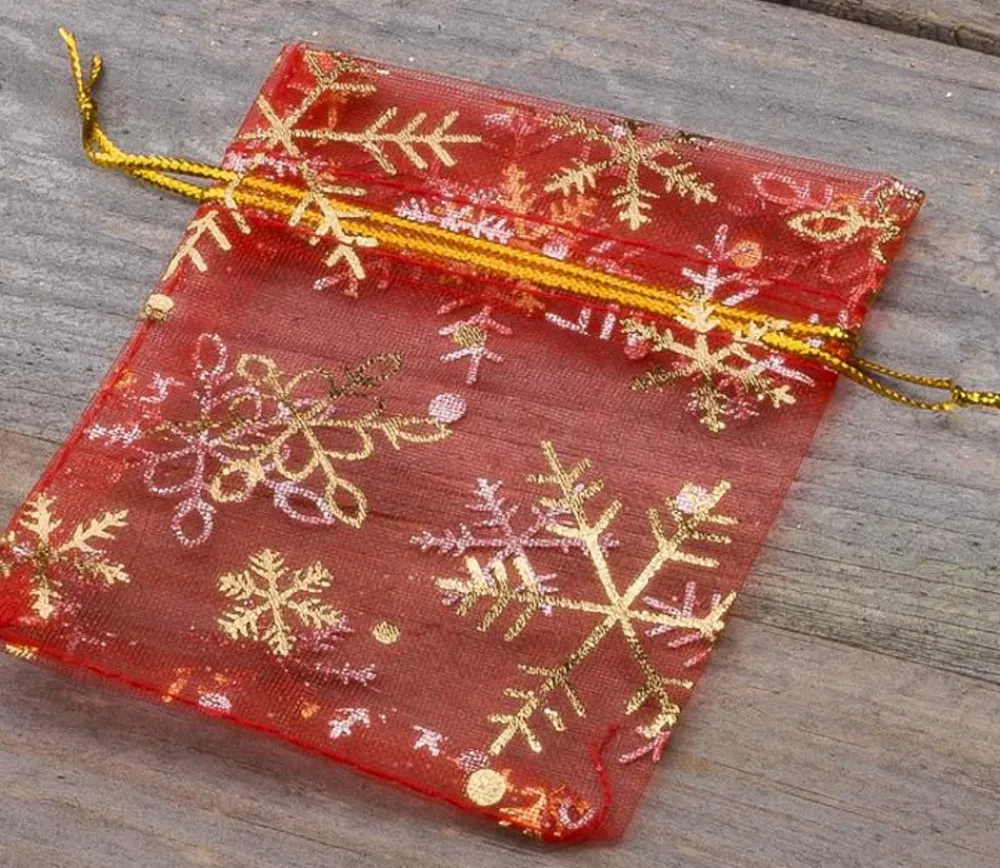 Tout Pour le Jeu Sac organzine rouge et or 9 x 12 cm flocon