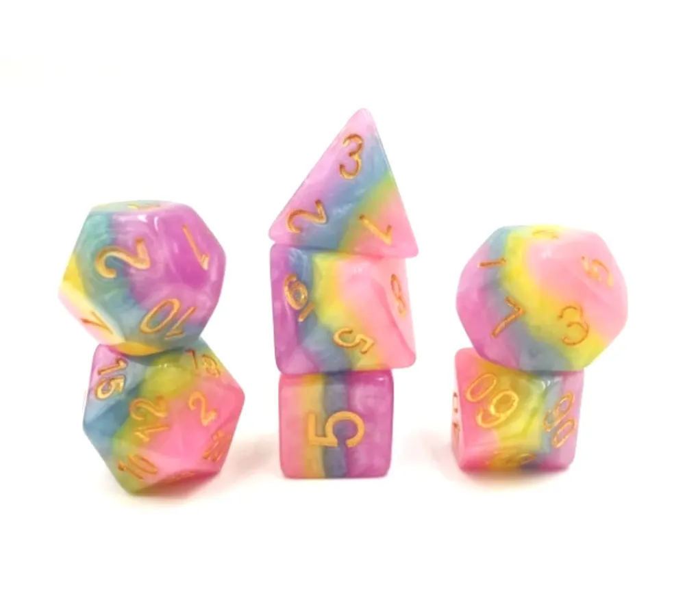 Tout Pour le Jeu Set 7 dés multi-faces multicolores : violet bleu jaune rose