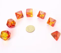 Tout Pour le Jeu Set 7 dés multi-faces rouge et jaune translucide chiffres dorés