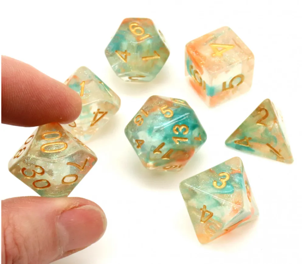 Tout Pour le Jeu Set 7 dés multi-faces translucide et vert pailletés