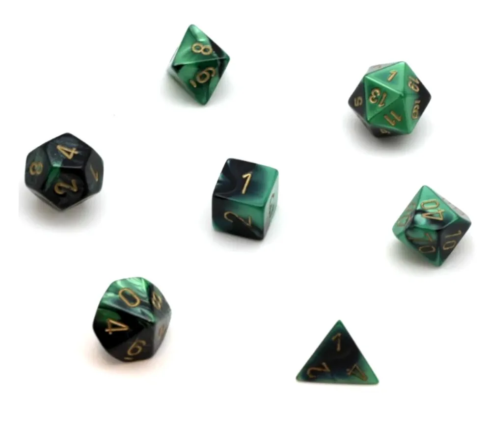 Tout Pour le Jeu Set 7 dés multi-faces vert-noir gravage doré.