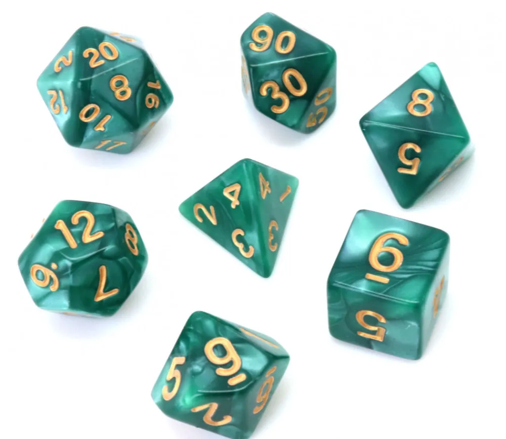 Tout Pour le Jeu Set 7 dés multi-faces verts nacrés chiffres or
